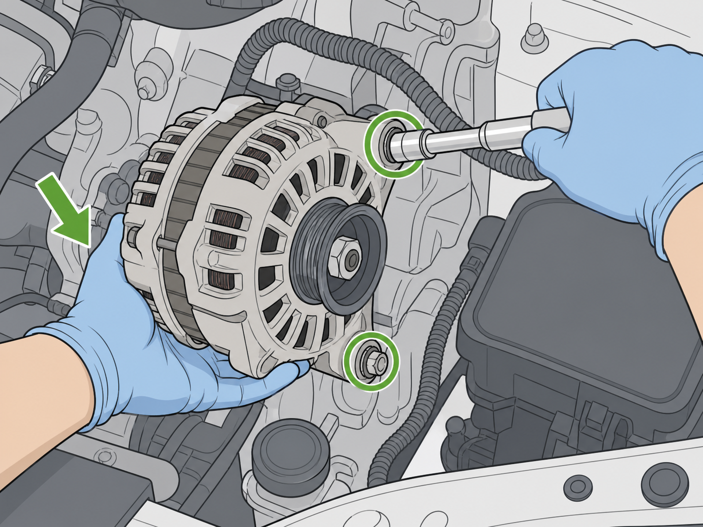 ALT-11 - Remove alternator retaining bolts while supporting alternator