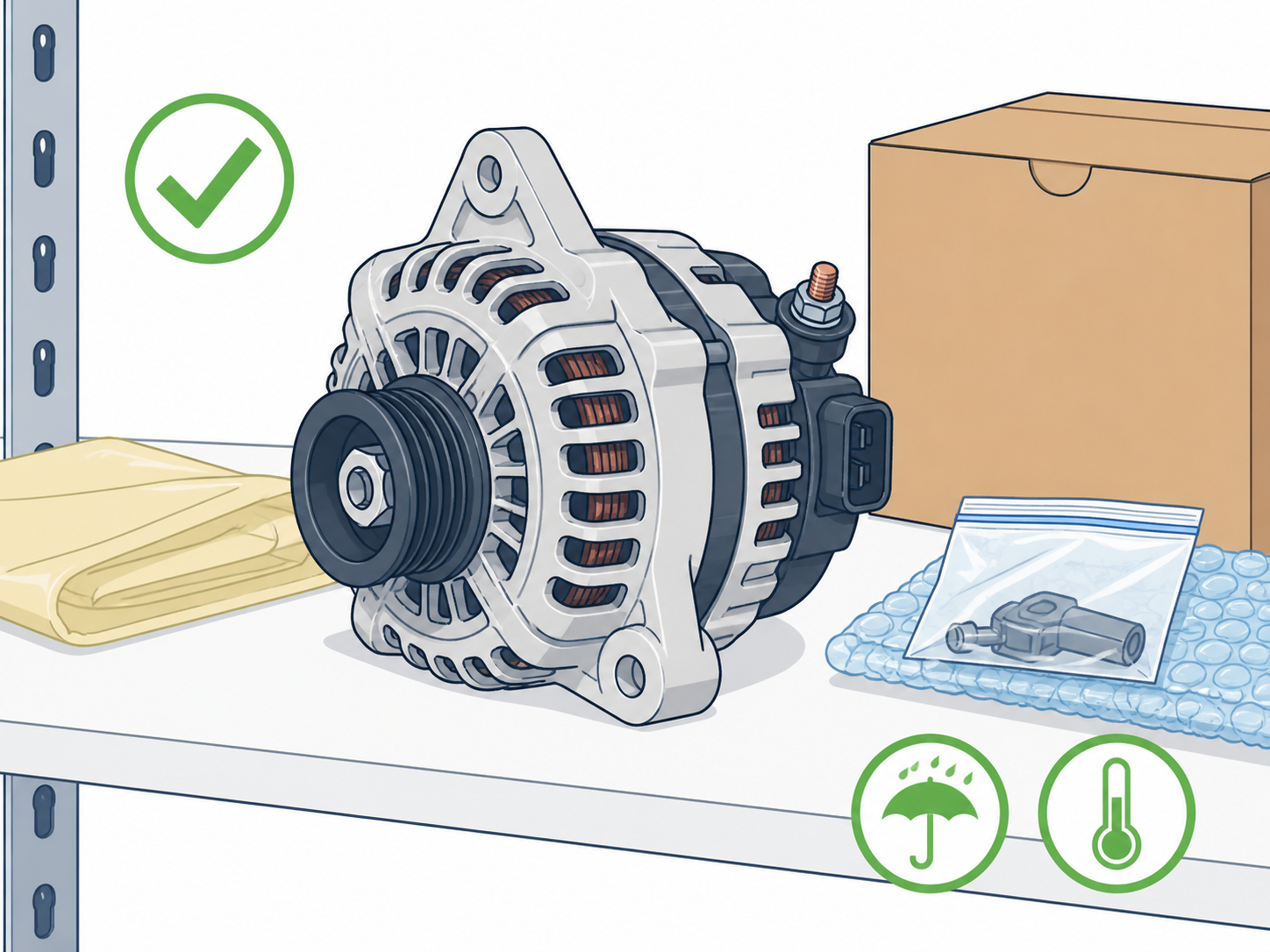 ALT-21 - Store dry and protect pulley, terminals, and connector
